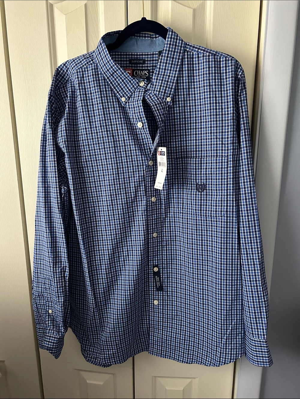 NWT Chaps Men's Blue and White Checked Button-Down Shirt SZ XL